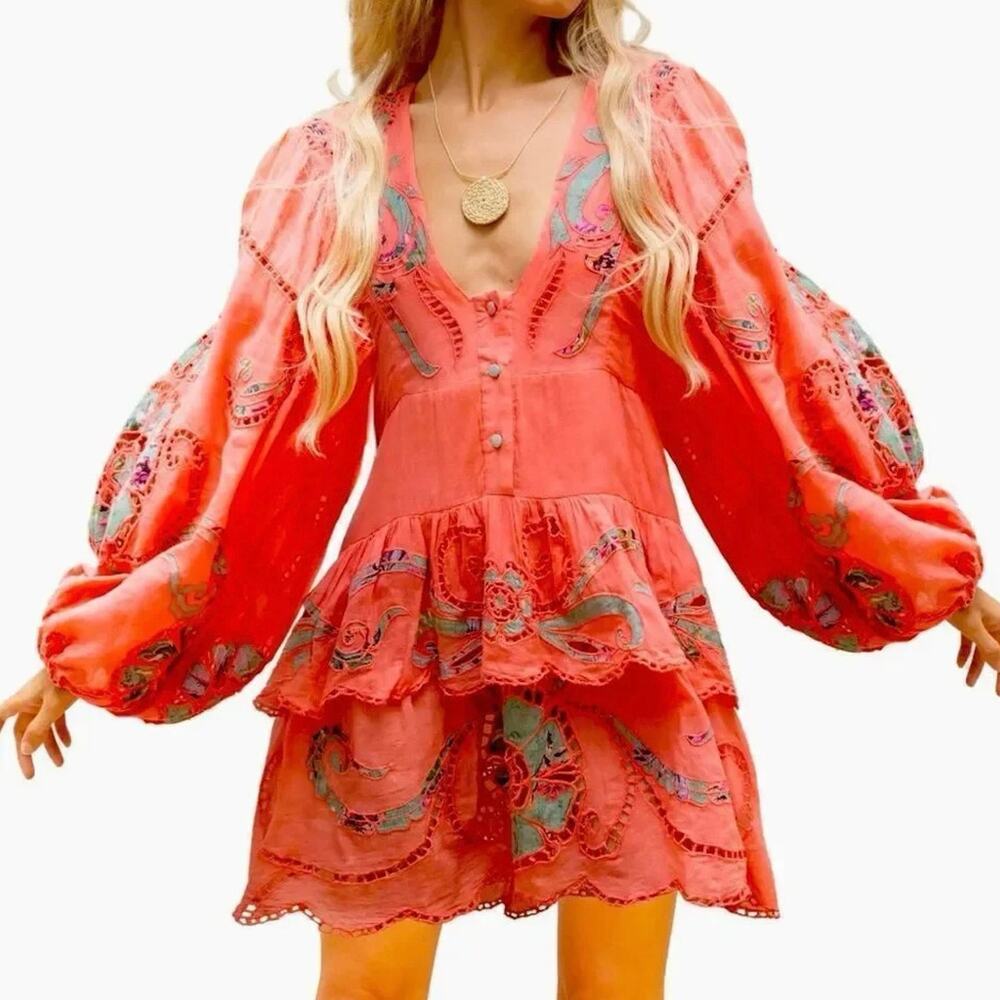 BAROK PARIS Pink Embroidered Long Sleeve Dress, Size S / US 4, New with Tag $249